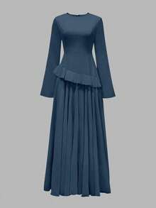 Women's Elegant Flounced Splice Cinched Waist Flare Sleeve Dress, Spring/Summer - 霧霾藍 - 查看 7
