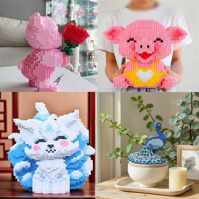 1000pcs Creative Pixel Teddy Bear DIY Building Blocks, Cute Animal Assembling Pig/Fox/Peacock Model For Bookshelf, Home Office Cabinet Decor, Room Desk Entrance, Living Room TV Stand, Bar Counter Display, Stress Relief Toy, Halloween, Birthday, Christmas, Graduation, Friend, Couple, New Year, Wedding, Easter Gift