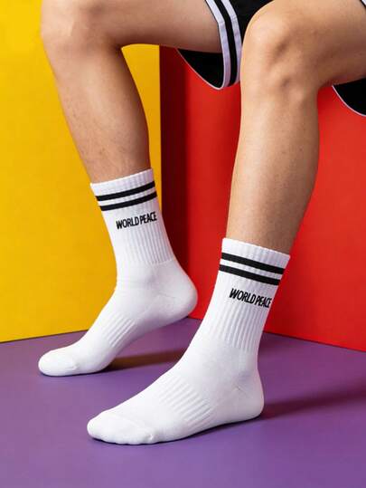 1 Pair Unisex Sports Socks, Comfortable Durable Shock-Absorbing Basketball Socks, Non-Slip Daily Running Socks, Striped Letter Casual Socks, Suitable For Commuting, Leisure, Indoor Wear In All Seasons