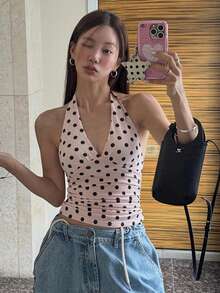 女士粉色波点吊带露脐上衣，无袖针织面料，时尚夏季款式 - 粉色 - 查看 3