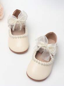 1 par de zapatos planos casuales para niñas con decoración de perlas y lazos, zapatos de estilo princesa de cuero - Blanco - Ver 5