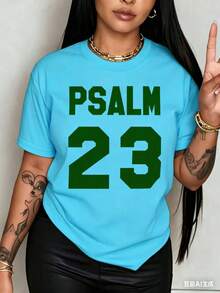 Women's Breathable Christian Faith-Shirt - Psalm 23 Bible Verse Print, Lightweight Round Neck Short Sleeve, White With Green Text Casual Outdoor Wear - 藍色 - 查看 3