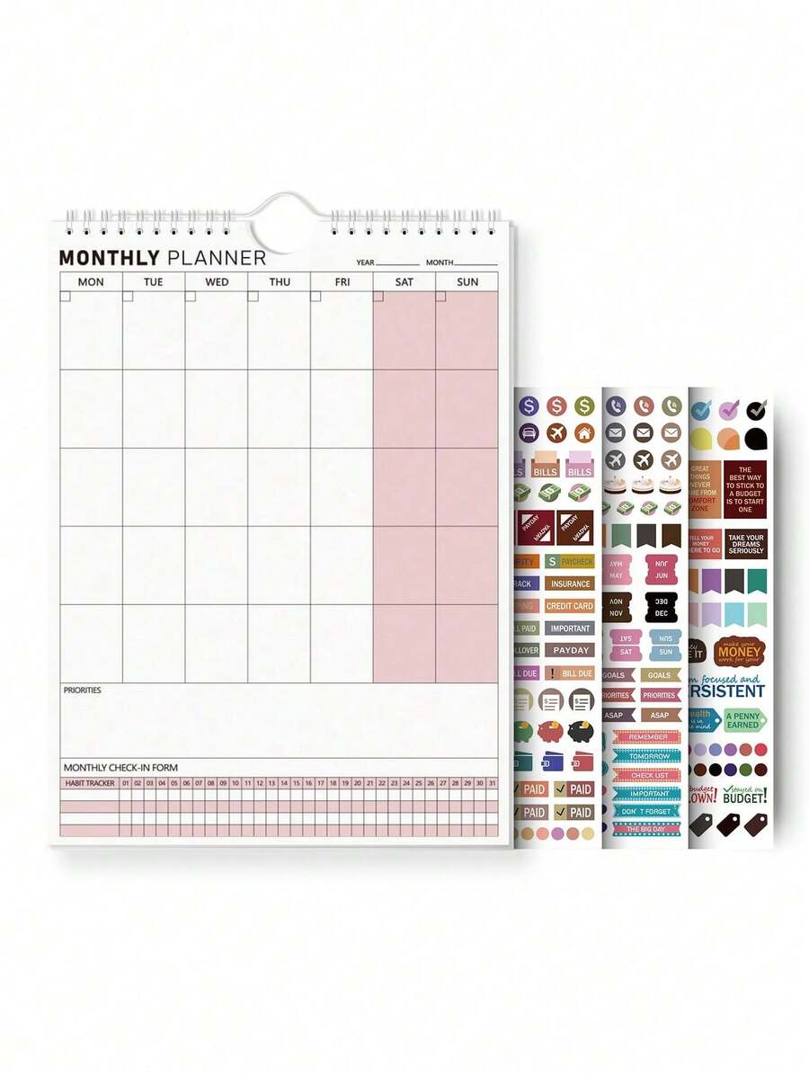 1 Spiral Bound Undated Calendar With 3 Sticker Sheets, Suitable For Home, Study, To-Do Lists, Important Projects Notes And Schedule Planning. Teacher Gift, Mother's Gift, Office Decor. - Pink - View 1