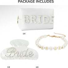 Bridal Gift Set With Pearl Canvas Makeup Bag, Hair Clip, Heart-Shaped Bracelet And Claw Clip, Wedding Party Accessories Keepsake Gift - Makeup Bag - View 4