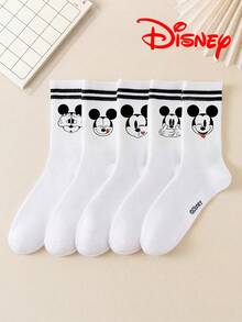 Disney 5双装米奇图案女士中筒袜，黑白双条纹运动款，可爱卡通图案女士袜，防臭吸湿休闲百搭船袜，卡通设计，适合学生/成人作为礼物和日常穿着。 - 彩色 - 查看 1
