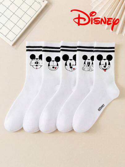 Disney 5双装米奇图案女士中筒袜，黑白双条纹运动款，可爱卡通图案女士袜，防臭吸湿休闲百搭船袜，卡通设计，适合学生/成人作为礼物和日常穿着。