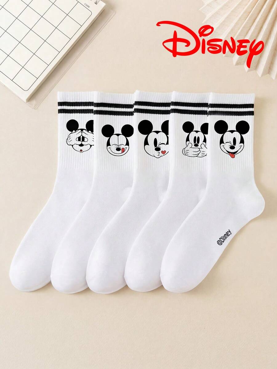 Disney 5双装米奇图案女士中筒袜,黑白双条纹运动款,可爱卡通图案女士袜,防臭吸湿休闲百搭船袜,卡通设计,适合学生/成人作为礼物和日常穿着。 - 彩色 - 查看 1