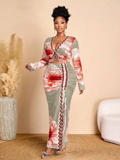 BIUBIU Bộ đồ phối hợp thời trang cỡ lớn dành cho nữ, gồm áo cổ chữ V sâu thắt nút và chân váy maxi xẻ tà in hoa có chun co giãn.