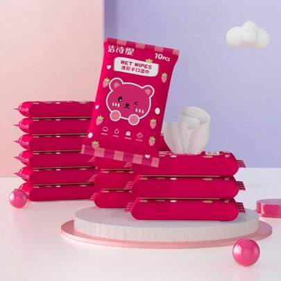 50/100pcs Strawberry Bear Mini Wet Wipes, 10 Sheets Mini Wet Tissue Paper, Super Mini Wet Wipes Individual Pack, Portable Wet Wipes For Students And Office Workers
