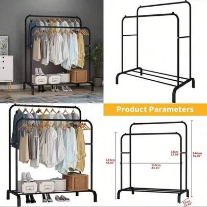 1 pieza/2 piezas Perchero de pie multifuncional de doble barra, organizador de ropa de metal con ruedas negro adecuado para dormitorio, organización, almacenamiento, camisetas blancas de mujer, pantalones negros de mujer, ropa de invierno de mujer, vestidos, ropa de invierno de mujer, vestidos elegantes de mujer, blusas blancas de mujer, manga larga, monos blancos de mujer, vestidos de primavera de mujer, conjuntos de primavera de mujer, primavera, ropa de primavera, minimalismo, blusas de verano