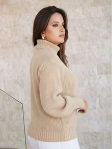 Cold Temperature High Neck Blouse Knitting Wool Sweater Puff Sleeve Winter Fashion - 沙 - 查看 6