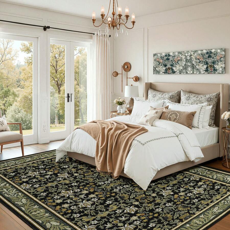 Persian Artistic Print Anti-Slip Indoor Decorative Carpet - Blending Eastern Tradition And Western Impressionist Aesthetics For Luxury Home Decor In Living Room Bedroom Study Foyer - Xanh lá và đen - Xem 1
