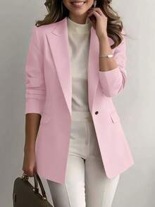 Jaket Blazer Lengan Panjang Warna Polos untuk Wanita dengan Saku - Jaket Kasual Bisnis dengan Kerah Warna Pink - Berwarna merah muda - View 5