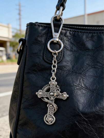 1pc Vintage Gothic Cross Skull Key Chain, Punk Style Bag Charm Accessory, Unisex