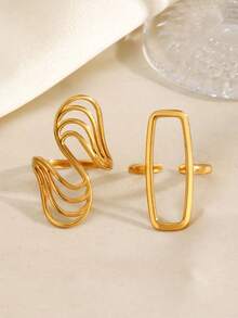 2pcs Stainless Steel Retro Minimalist Geometric Rectangle Line Design Ring Set, Suitable For Women's Daily Wear - Gold - View 2