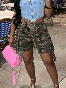 Women's Loose Straight Cut Camouflage Y2K Denim Shorts With Multiple Pockets Casual Summer - 卡其色 - 查看 2