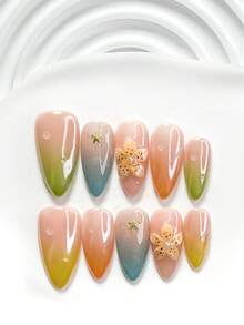 10 pièces Set d'art des ongles dégradé fait main, faux ongles pressés, décoration d'ongles en forme d'étoile de mer, décorations d'ongles à fleurs à 5 pétales faites main, vernis à ongles jaune-vert-bleu-orange, style frais naturel, comprend des outils à ongles (1 autocollant en gelée + 1 lime à ongles), 3 tailles disponibles : carré, carré court, amande, convient pour les rassemblements, le port quotidien, les fêtes, la photographie, les déplacements printemps/été - Multicolore - Voir 11