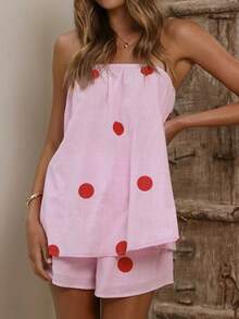 Nuevo conjunto elegante y de moda de top tubo con estampado de lunares y shorts sueltos, atuendo casual de playa, vacaciones y jardín para maternidad, color rosa, verano - Rosa - Ver 4