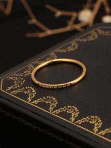 1 chiếc nhẫn thép không gỉ mạ vàng 18K, kiểu dáng tối giản, thanh lịch, hình hoa đào ba kiếp, đính 8 viên đá Cubic Zirconia, thích hợp cho nữ đeo hàng ngày, làm quà tặng. - Vàng - Xem 5