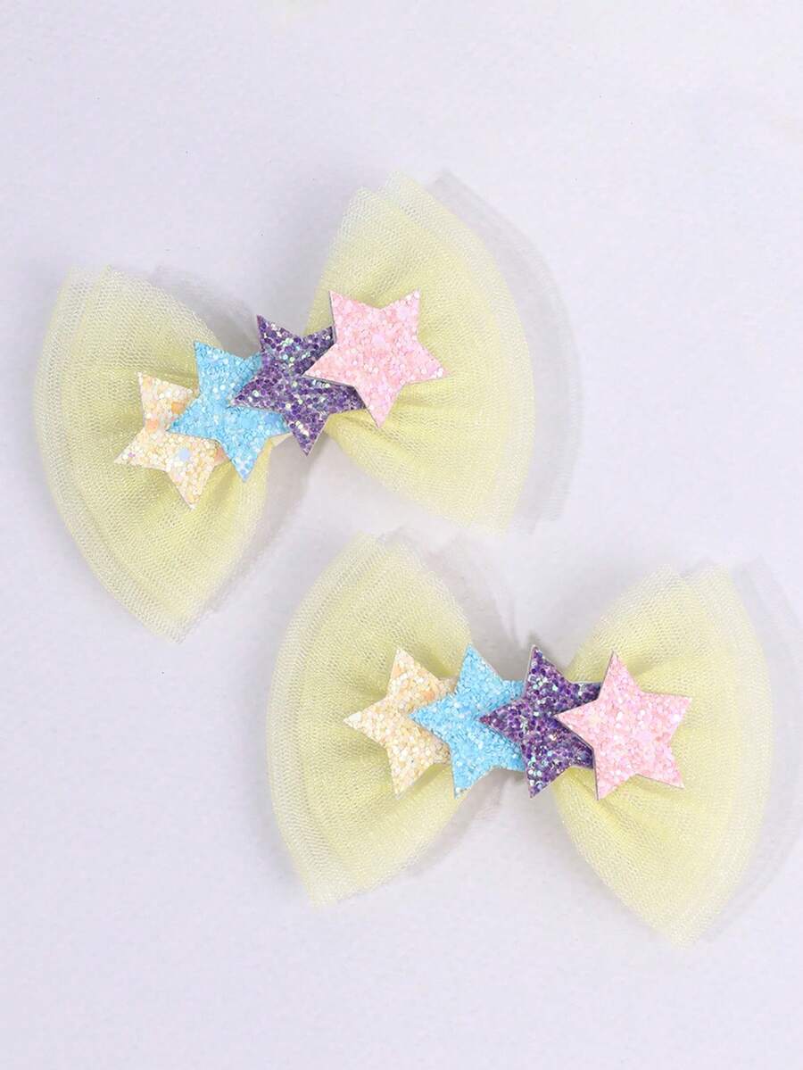 2件/組 女孩亮面星星網格蝴蝶結髮夾,黃色髮夾,甜美可愛髮飾,適合女孩日常配戴、公主主題派對、星空主題派對、節日派對、拍照、青少年女孩 - 黃色 - 查看 1