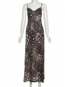 Spaghetti Strap Backless Leopard Print Fitted Long Dress Elegant Vacation Party Black - Black - View 8