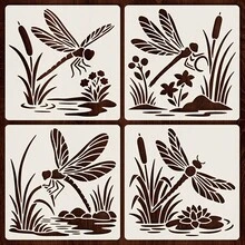 4 片 6x6 英寸蜻蜓图案模板，包含飞翔的蜻蜓、芦苇、盛开的花朵和宁静的池塘，可水洗、柔韧且可重复使用的 PET 镂空绘画模板，适合 DIY 绘画工艺品。 - 6*6inch - 查看 9