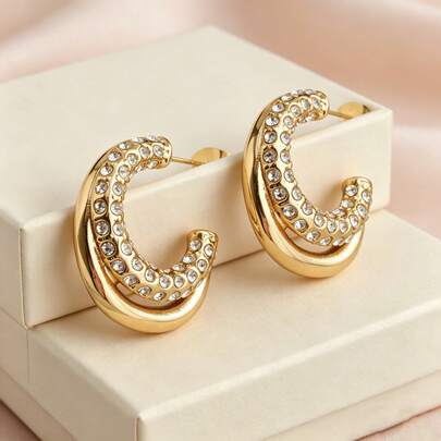 18K Gold Plated Cubic Zirconia Encrusted Shiny Hoop Earrings, Delicate CZ Small Hoop Earrings For Daily Wear