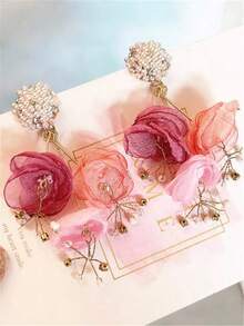 1pair Fashionable Vacation Style Handmade Wavy Cloth & Faux Pearl Decor Flower Earrings For Women, Suitable For Daily Wear And Vacation Valentines,Mom,Mother,Mother's Day,Gift - 彩色 - 查看 3