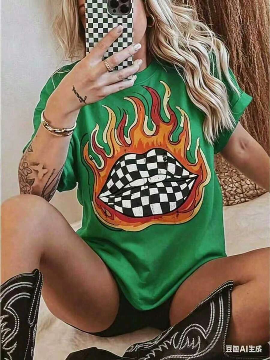 Checkered Flame Lips Shirt Western Graphic Tee Oversized Country Concert Tshirt Western Clothes Retro Country Tee Funny Graphic Tshirts - 綠色 - 查看 1