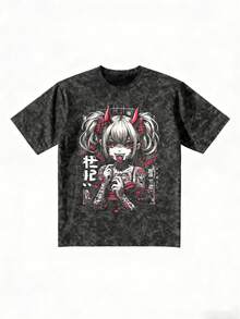 Áo thun in hình cô gái anime cổ điển năm 2026, dáng regular fit, họa tiết retro, tay ngắn thoải mái, kiểu wash acid, phong cách đường phố Harajuku độc đáo, thời trang thường ngày màu đen. - màu đen - Xem 5