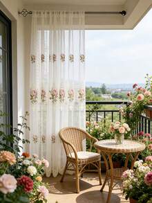 1pc High-End Embroidered Floral Sheer Curtain, Modern European Style Luxury Elegant, Suitable For Bedroom, Living Room, Balcony - Beige - View 6