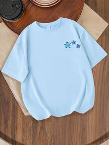 Girls' Refreshing Ocean Tee, Plus Size Ombre Sea Turtle Graphic Cute Beach Top, Summer Holiday Street Style - Baby Blue - View 2