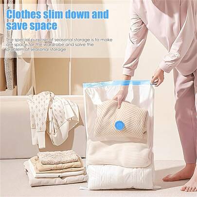 5pcs Vacuum Seal Storage Bags | Vacuum Compression Bags + Manual Air Pump, Double Zipper Seal And Triple Turbo Valve, Travel Essential Bags For Suitcase, Tote, Closet, Backpack To Save Space, Thick Transparent Material, Dustproof, Leak-Proof Vacuum Bags, Ideal For Dorm, Moving, Camping, And Household Use