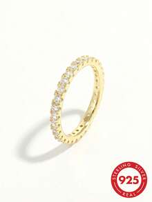 1 chiếc nhẫn tròn đầy bằng bạc 925 sáng bóng thanh lịch sang trọng cổ điển đính đá Cubic Zirconia, quà tặng thời trang cho phụ nữ khi hẹn hò, tiệc tùng, tiệc chiêu đãi, tôn lên nét quyến rũ - Vàng - Xem 7