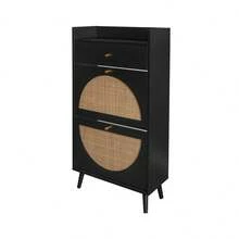 Shoe Cabinet With Two Doors And One Drawer / Rattan-Look Shoe Cabinet / Interchangeable Semi-Circular Doors / The Top Shelf Can Hold Up To 10 Kg / Suitable For Hallways, Entryways And Similar Areas - Hitam - View 8