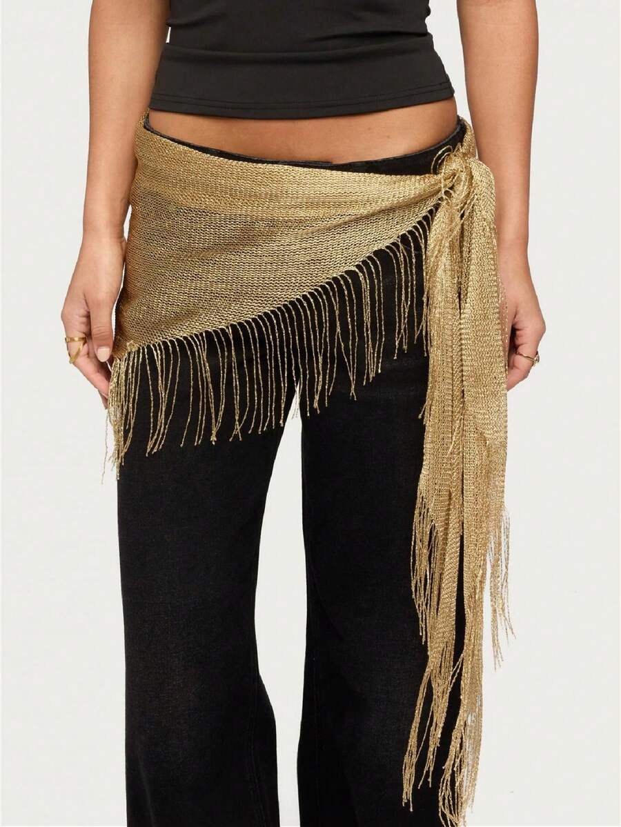 Women Belly Dance KnittingTassel Hip Scarf Triangle Belt Wrap Skirts Music Festival Sheer Mesh Waist Chain - 金色 - 查看 1