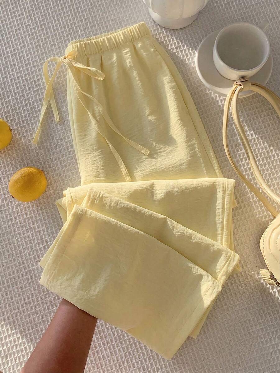 Women's Loose Drawstring Waist Wide Leg Pants, Lightweight Breathable Casual Trousers, Military Green, Summer - Light Yellow - View 1
