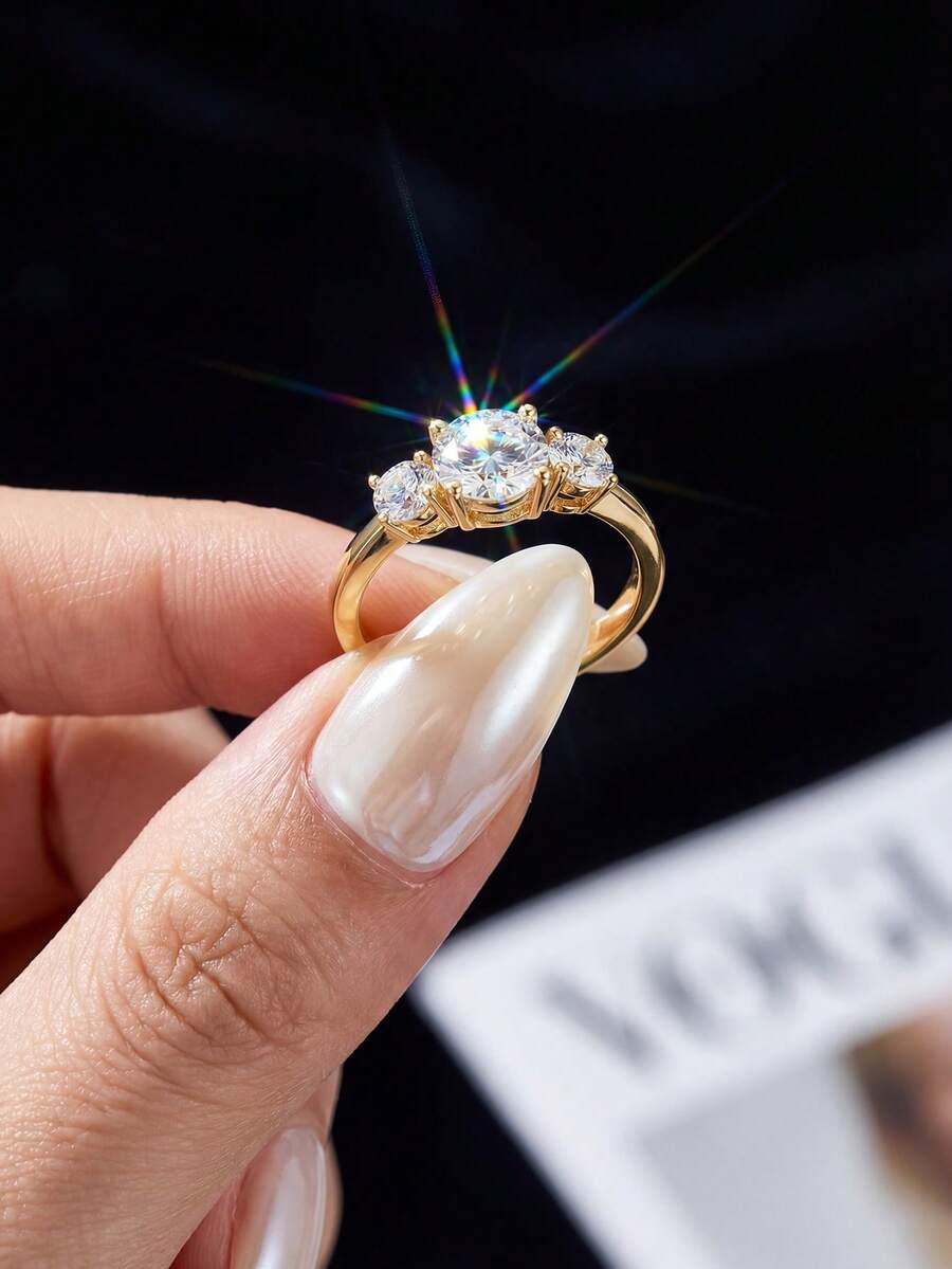 1 chiếc nhẫn bạc 925 đính 3 viên đá Moissanite và kim cương - Thanh lịch và sang trọng, thích hợp làm quà tặng đính hôn, cưới, sinh nhật bạn thân, kỷ niệm hoặc quà cưới cho cô dâu. - Nhẫn moissanite ba viên kim cương - 1CT - Xem 1