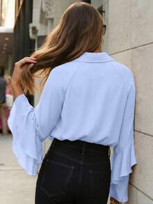 Women's Elegant Ruffle Trim Chiffon Loose Blouse, Suitable For Daily Wear, Dating, Commuting, Vacation, Sky Blue Spring - Sky Blue - View 3