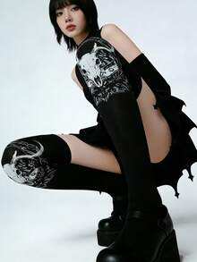 1 Pair Gothic Style Black & White Ripped Mesh Thigh High Socks, Hollow Out Over-The-Knee High Stockings - Black - View 9