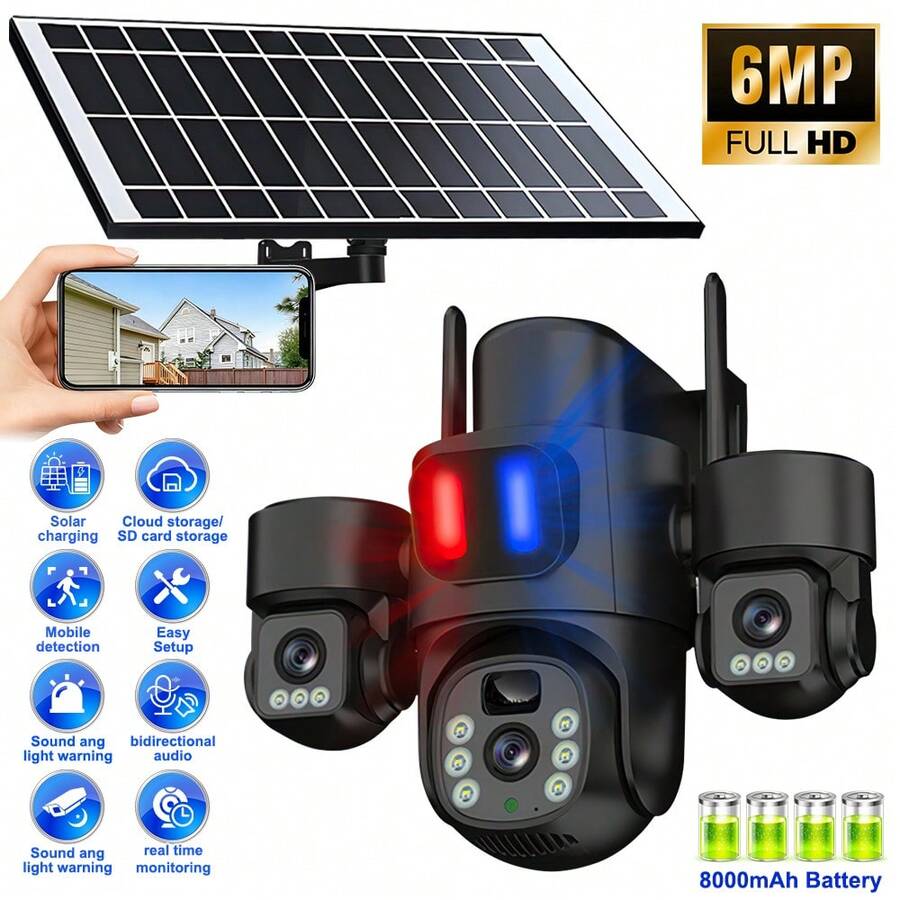 A True Three Lens Solar Powered Security Camera Equipped With Red And Blue Alarm Lights, Supporting 2.4GHz/5.8GHz WiFi, 360 ° Steering, PIR Motion Detection, Full-Color Night Vision, Two-Way Audio, IP66, And Can Be Used In Conjunction With Various - Black L3MSXT-bLACK - View 1