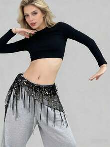 Jazz Dance Waist Chain Seauin TrianaleGScarf For Beginner Hip Scarf Waistband  Street Dance Waist Chain, Hip Scarf Accessories, Sequin Triangle Scarf, Tassel Waist Belt, Versatile Waist Scarf - 黑色 - 查看 2