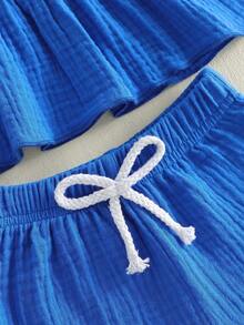 Toddler Baby Girl Patriotic Outfit Fashionable 4th Of July American Flag Embroidery Flying Sleeve Tops With Shorts 2Pcs Set - 藍色 - 查看 6