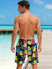 Men's Retro Pop Art Duck Print Beach Shorts - Yellow - View 2
