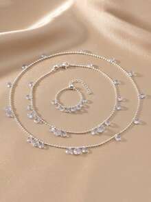 3件套优雅精致锆石吊坠项链、手链和戒指套装，适合派对、晚宴、春夏佩戴 - 三件組水滴套裝 - 查看 2