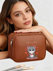 1pc Cute Cat Design Makeup Bag, Waterproof Large Capacity Detachable Cosmetic Organizer Bag, Portable Handheld Multi-Functional Toiletry Bag - Multicolor - View 4