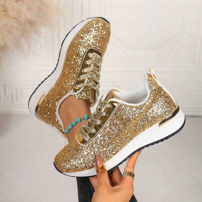 女士系带复古厚底运动鞋，时尚金色亮片百搭厚底鞋，圆头休闲厚底运动鞋，四季皆宜，适合日常通勤、徒步、户外活动、街头、校园及休闲场合。