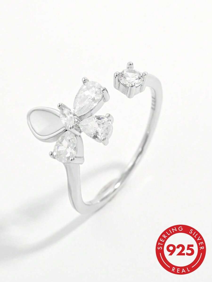 1pc Elegant Fashion Exquisite Shiny Romantic 925 Silver Cubic Zirconia Butterfly Adjustable Open Ring, Ideal Gift For Women, Suitable For Dating, Party And Daily Wear - Silver - View 1
