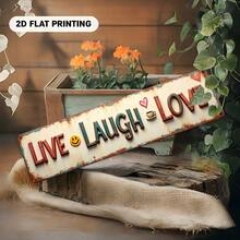 2D平面金屬牆面裝飾牌，印有「Live Laugh Love」字樣、心形與臉部圖案，復古農舍風，尺寸3.94X15.75英吋(10X40公分)，做舊白色與棕色邊緣，適合居家裝飾 - A - 查看 7