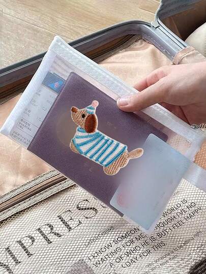 New 2D Dachshund Embroidery Pattern Transparent Zipper Passport Holder - Lightweight Travel Document Pouch, Durable Plastic Material, Portable Passport Card Cash Credit Card Organizer, Essential For Business Trips And Vacations